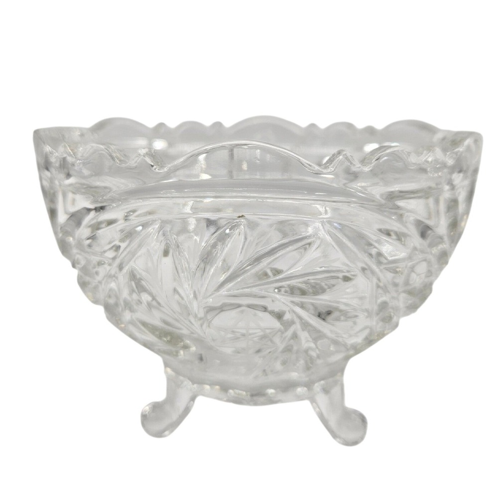 Vintage Clear Cut Glass Footed Bowl Pinwheel Starburst Scalloped Rim 6 inch‎
